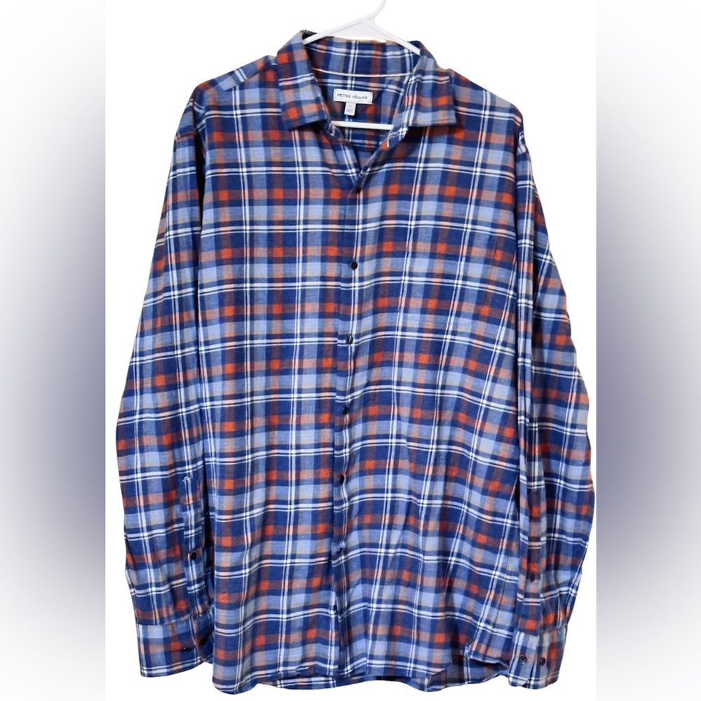 Peter Millar Men’s Cotton Flannel Shirt L Blue Rust Plaid Classic Fit